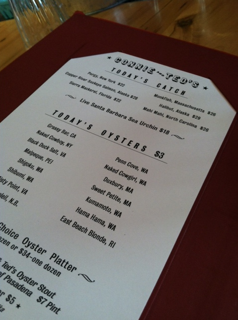 The Oyster Menu at Connie and Ted's
